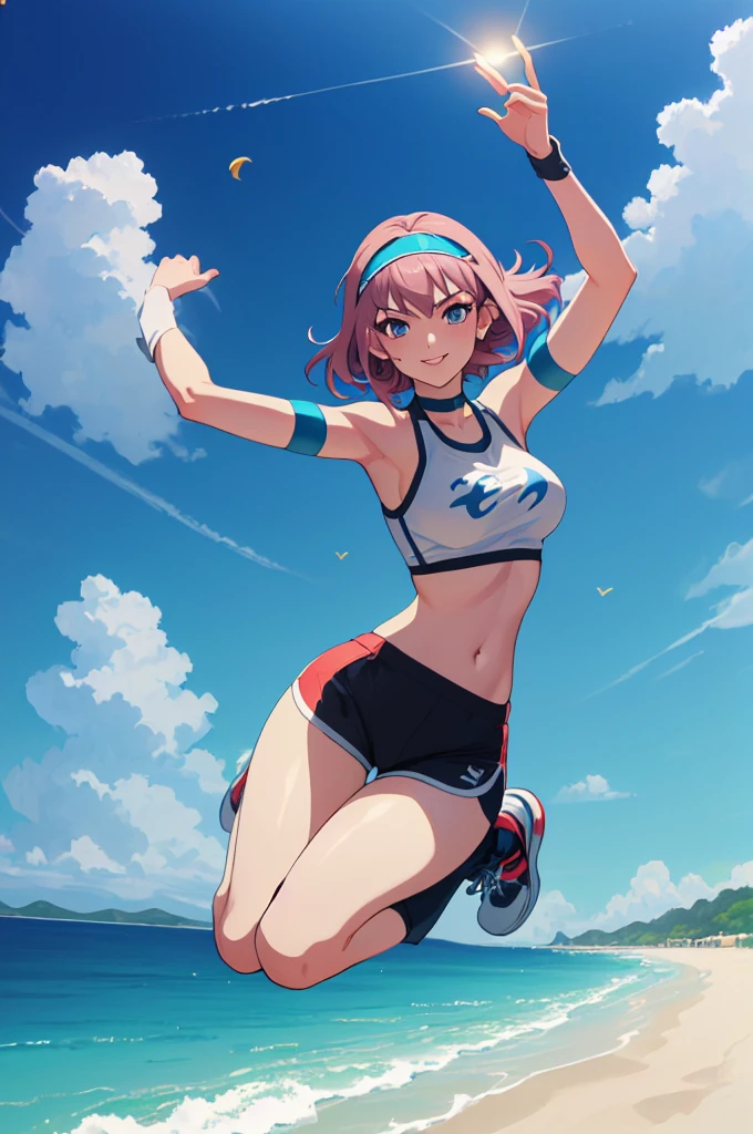 safe for work,(perfect composition),imagined a girl in extreme sport outfit playing to a flying disc game in a beach arena game sport, masterpiece, ultra-detailed, 80's anime (style), 2D, megapixel, perfectionism, full HD , 4K, (windjammers), windjammers sport game, windjammers 2 (((((solo mature anime woman,)))))++++++++++++++++++, looking at viewer, full body, brown hair and pink hair, short hair, weird hair, smile, lips, eyelashes, medium breasts, gym uniform, uniform, gym shorts, headband, sports bra, elbow pad, knee pad, extreme sports outfit 80's theme, beach background, playing flying disc game on a beach court game, sea, sun in the sky, sports wear