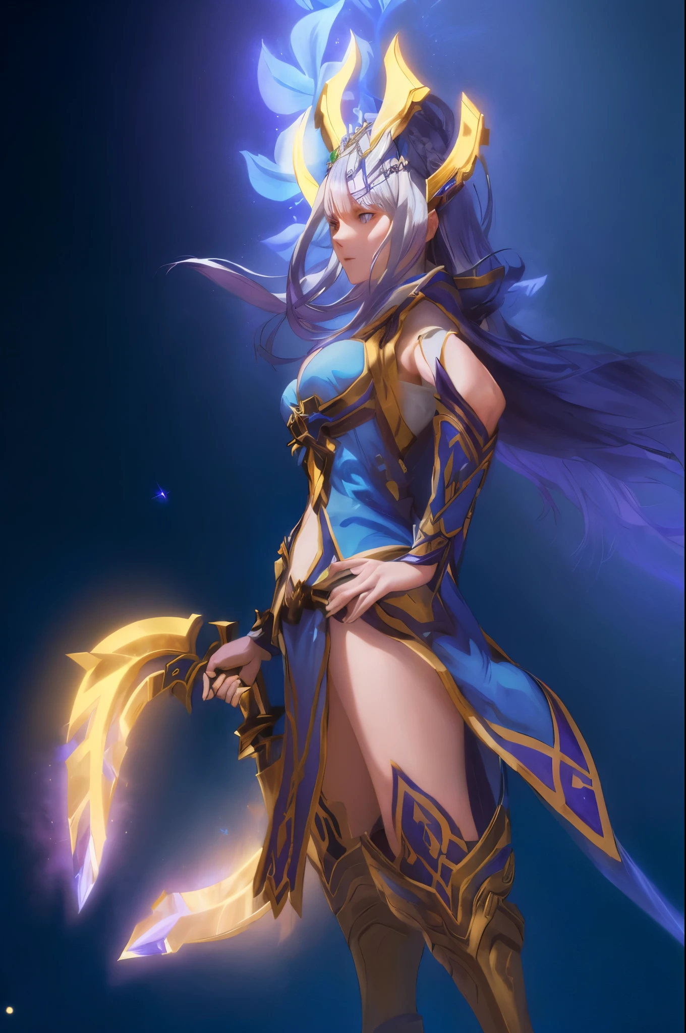 Emilia re:zero, purple eyes, Emilia, crown braid, x hair ornament, flower hair ornament, white hair, long hair, medium breasts, a close up of a woman in a blue dress with a sword, painted in the style arcane, epic mage girl character, hero from dota 2, dota character, dota 2 hero, dota 2 concept art, sorceress, portrait of a female mage, ice sorceress, spirit fantasy concept art, female mage, hyperdetailed fantasy character, character splash art