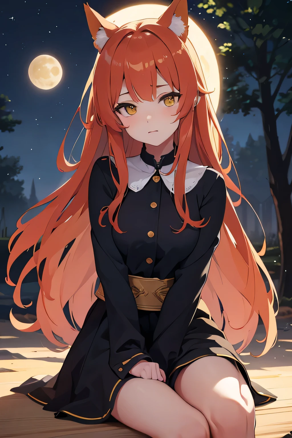 (Best Quality,4k,hight resolution,Masterpiece:1.2),Fox Girl,ear,On the Front Line,single girl,Bushes,the trees, Detailed girl, beatiful face, redhead hair, pretty eyes, very detailed eyes, Beautiful yellow eyes, Almost orange eye color, Very nice girl, The Starry Night, luna, Very beautiful moon, 4K Луна
