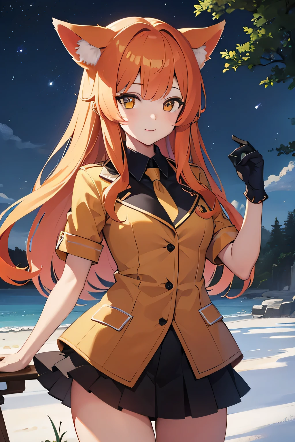(Best Quality,4k,hight resolution,Masterpiece:1.2),Fox Girl,ear,On the Front Line,single girl,Bushes,the trees, Detailed girl, beatiful face, redhead hair, pretty eyes, very detailed eyes, Beautiful yellow eyes, Almost orange eye color, Very nice girl, The Starry Night, luna, Very beautiful moon, 4K Луна