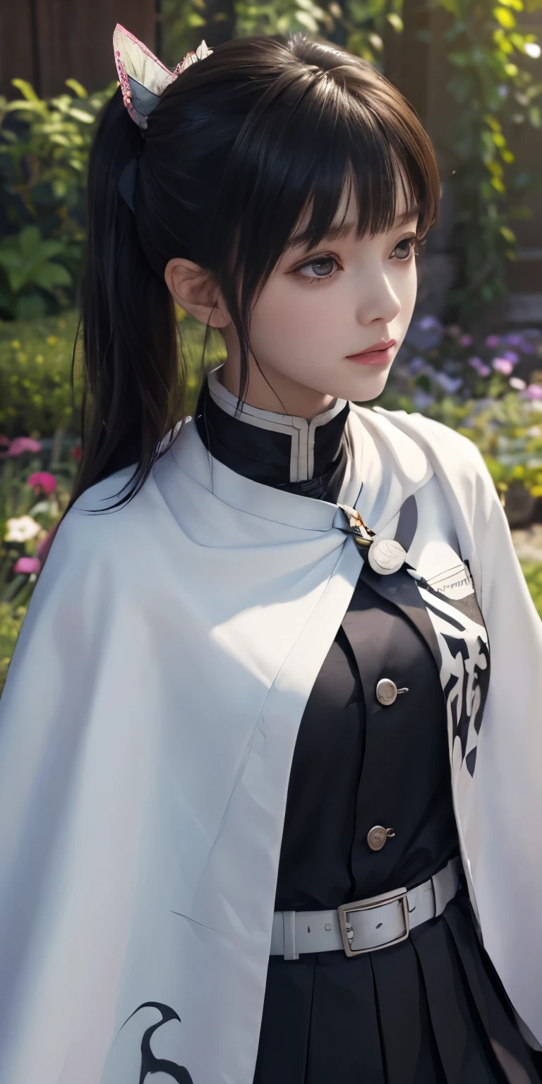 Ultra-realistic 8K CG,masterpiece,((Highly detailed background, Delicate pattern, Intricate details)),最high quality,very detailed 顔,Highly detailed eyesと顔,非常に細かい目Ultra-realistic 8K CG, masterpiece, close, beauty, from the front, 顔 sticking out, (Highly detailed background, Delicate pattern, Intricate details)), high quality, highly detailed 顔, Highly detailed eyes and 顔, Highly detailed eyes, One Girl, kanao tsuyuri, (((Buns pats))),(((Side Ponytail))),(( Demon Slayer uniform:1.4)), Butterfly Hair Ornament,,( white belt), (Cape, white Cape),, (Black jacket), (Pleated skirt), belt, (Black Skirt), knees, buckle, sheath sword, belt buckle, (Black Shirt:1.0), sunlight, Tyndall effect, sword on waist,(garden:1.2),West Saver,Attractive posture, Great tit, close,Broad perspective,(Straight bangs:1.4), (Blunt bangs:1.4),