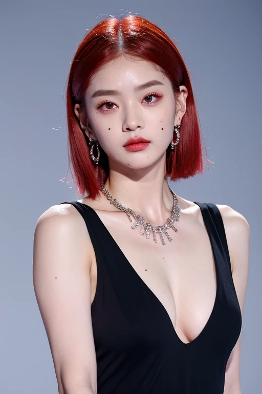 (very detailed body、very detailed face、Best quality:1.2)、FEMALES、I look at the audience、((Wine red gradient hair color、Bright silver shoulder-length earrings.、necklace、bracelet、Clothes with strong blue contrast, White and black、Asymmetrical clothing、Одежда Fusion Show Fantastico)、