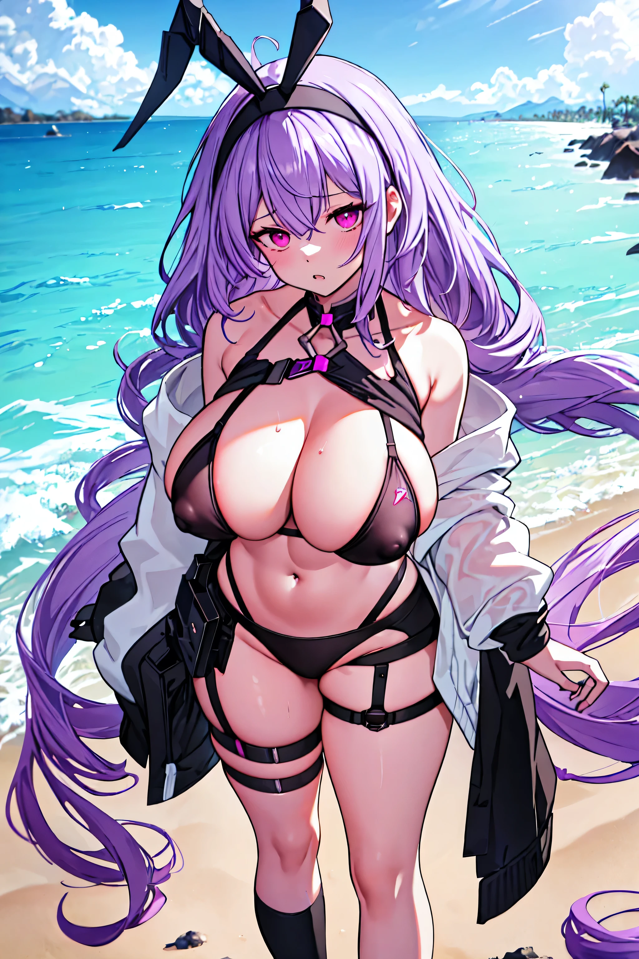 Typhon| Arc Knight, Masterpiece, best quality, 1 woman,25 years old ,micro mini bikini small, micro mini bikini covering only the nipples, gigantic breasts, Huge, enormous breasts, large breasts shrugged, My hair is very long., headband, purple hair, proportion body, proportion, show your , Water set, This micro bikini,micro mini bikini, Lying on the beach with exciting challenges, Not clear. ,only, beautiful sea, The sky is beautiful, Looking at the audience from the front, thigh strap, tilt your head, bored, 10, 10, high resolution, Show off serious design, expression of anger, Expressing dissatisfaction , Very angry. ,