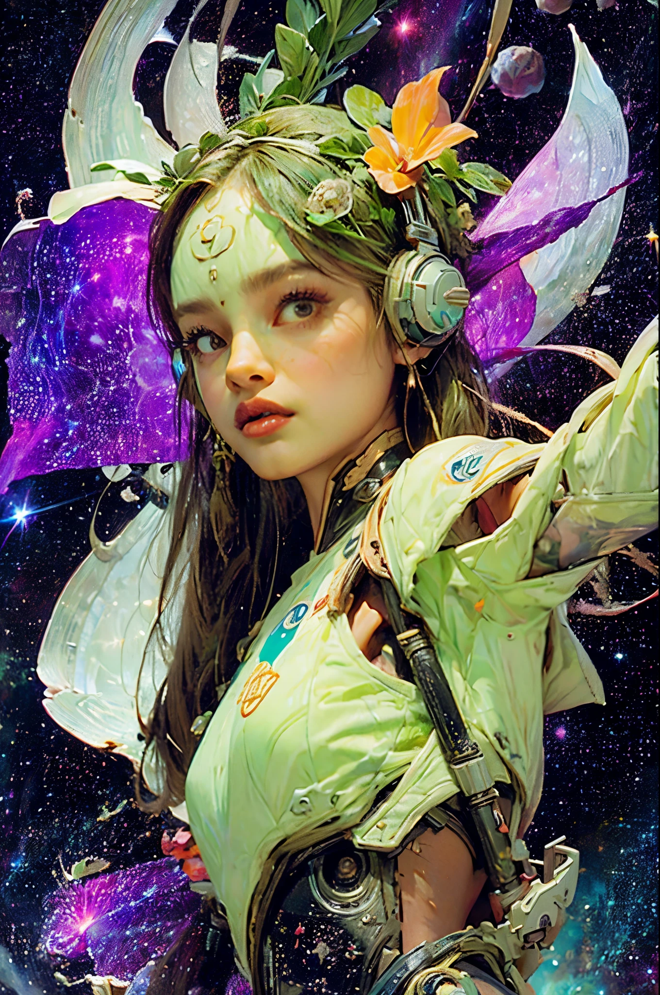 there is a screenshot of a woman in a space suit, cosmic girl, event, cosmic entity, incrinate content details, endless cosmos in the background, historical event, real event, astral background, cosmic background, cosmic goddess, cyborg goddess in cosmos, celestial cosmos, game interface, violet battlefield theme, cosmic style, hyperdetailed content, background details