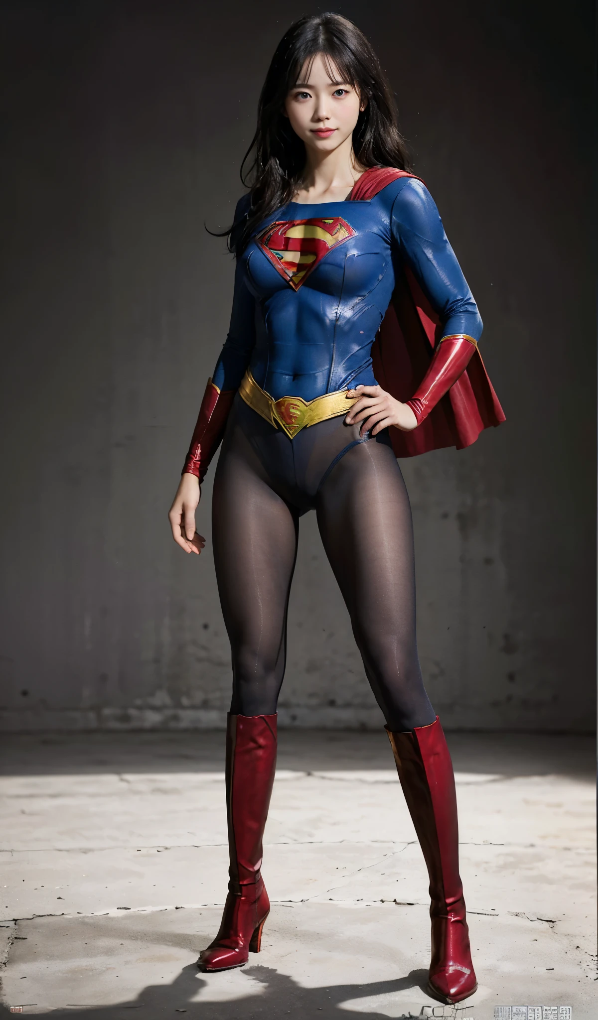 No background、(((Beautiful legs in black tights.)))、(((Legally express the beauty of your smile)))、((((Make the most of your original images)))、(((Supergirl Costume)))、(((Beautiful Hair)))、(((suffering)))、(((Please wear black tights....、Wear red boots)))、((Best image quality、8k))、((highest quality、8k、masterpiece:1.3))、(((Preserve background )))、Sharp focus:1.2、Beautiful woman with perfect figure:1.4、Slim Abs:1.2、Wet body:1.5、Highly detailed face and skin texture、8k