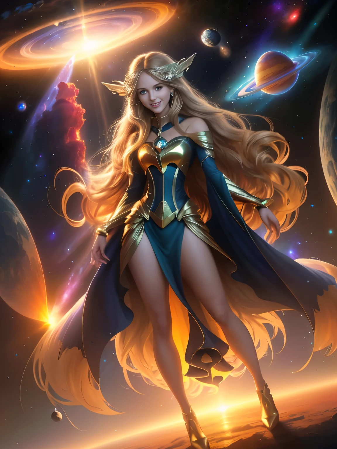 A woman with long hair and a flowing dress stands in the dark, Blonde girl in space dress, An amazing young and mysterious figure, Space Goddess, Spiritual Appearance, Galaxy Goddess, Space Girl, Star Fairy, The Divine Female Power of the Universe, Space Hair Anime Girl, Goddess of Space and Time, direct rotational energy, A shining halo surrounds her, light brown hair, aqua eyes, smile, Surrealism, Cubist Futurism, depth of field, god rays, ray tracing, UHD, retina, ccurate, high quality, highres, 8k