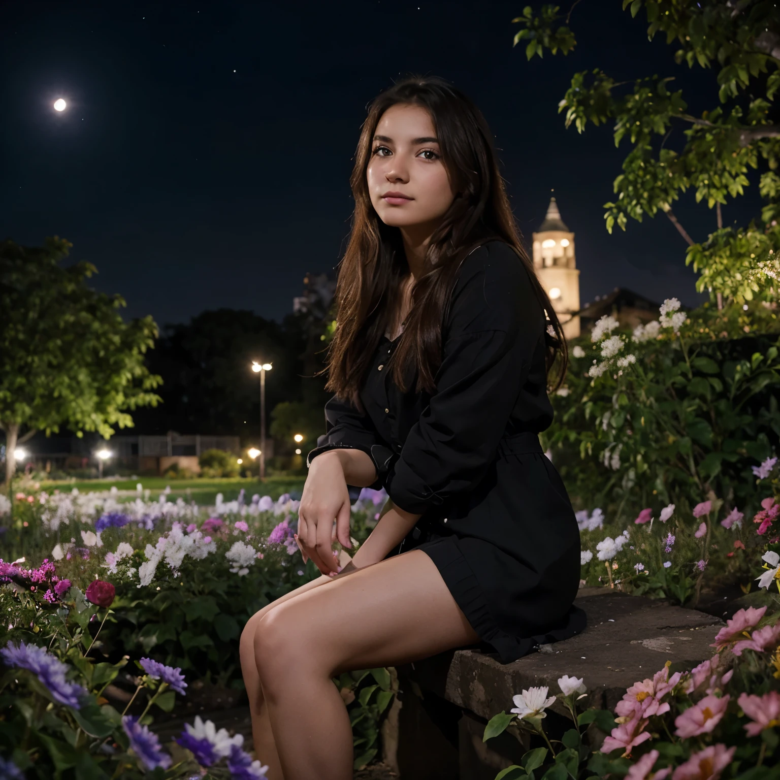 Create a young woman sitting in a flower garden, con la mirada hacia el cielo. Es de noche con luna llena y luces de la ciudad.
