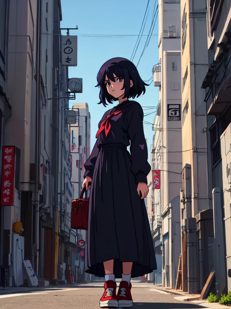 (perfect composition),anime character Sukeban delinquent girl  standing on a city street corner in black seifuku with black very long skirt, anime style. 8k, anime style mixed with fujifilm, retro anime girl, anime styled digital art, in tokyo, anime style illustration, anime style 4 k, anime style artwork, anime poster film still portrait, tokyo anime scene, modern anime style, anime style digital art, short hair, 26year old, red converse,