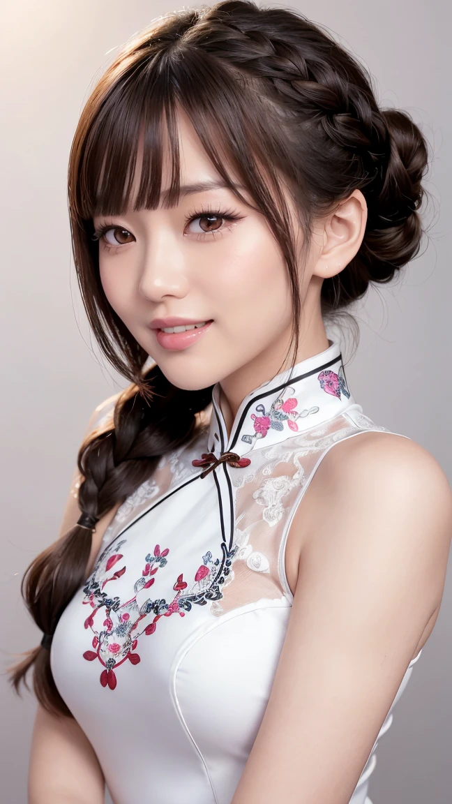 Realistic, masterpiece, highest quality, Highest resolution, One Japanese woman, Happy smile, Detailed and beautiful eyes, Iris, Sparkling eyes, Thin eyebrows, Gives your eyelashes a delicate finish, False eyelashes, Natural Makeup, (Bun hair, Braided Hair, Blunt bangs, Brown Hair:1.2), Detailed face, She looks to the side and into the distance, laughing, Mouth open, cheeks pink, (Classic and sexy white cheongsam, Detailed decoration:1.3), (Fitted clothing:1.3), Upper body photo, Leaning forward, Gray blank background