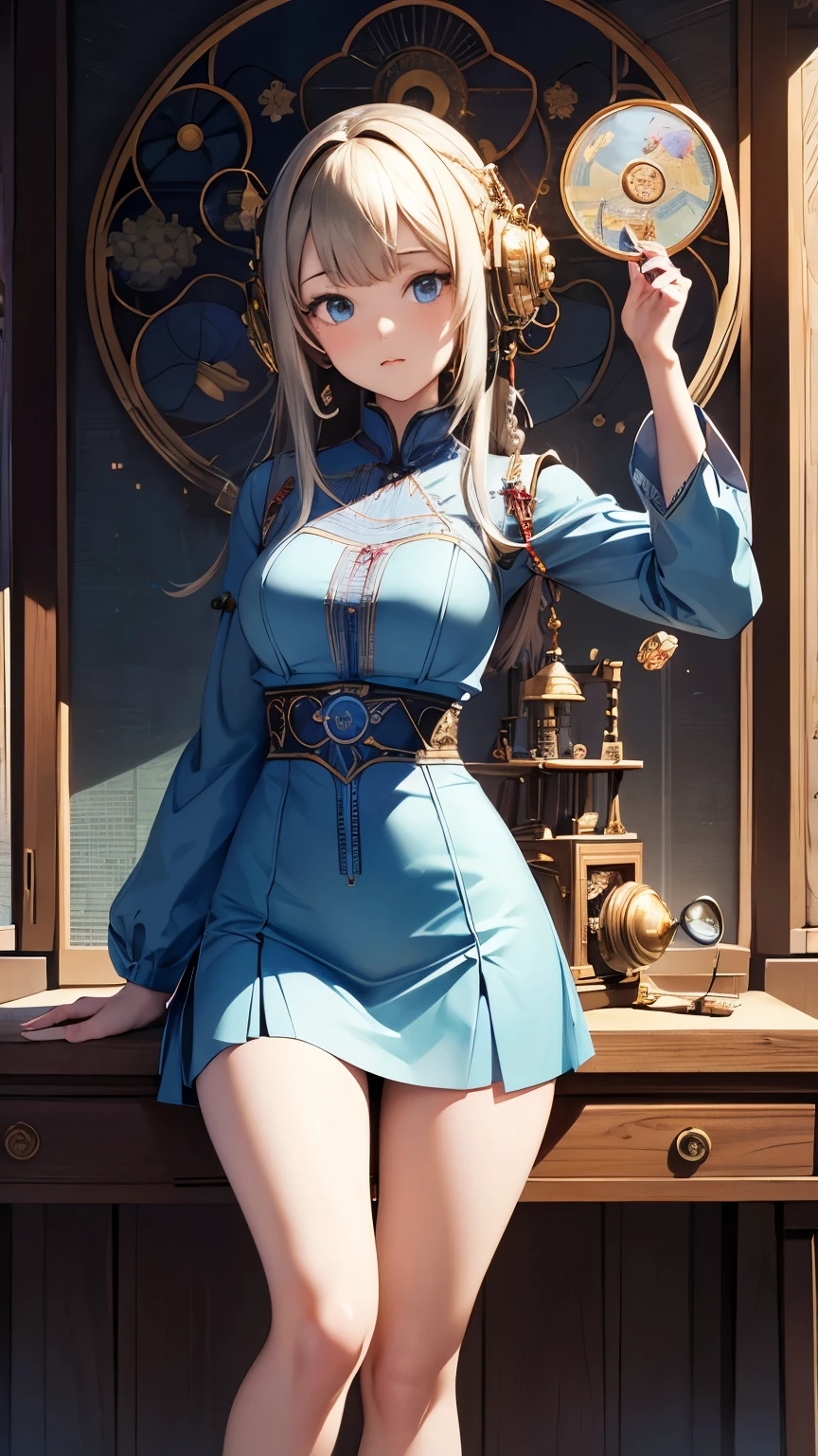 Franklin Booth, Anne Anderson, Harold Gaze, Japanese Anime wondrous strange Whimsical Sci-Fi Fantasy surreal Music boxes are a dream device screwdriver gear wheel structures beautiful miniskirt girl engineer doing maintenance, perfect voluminous body, detailed masterpiece