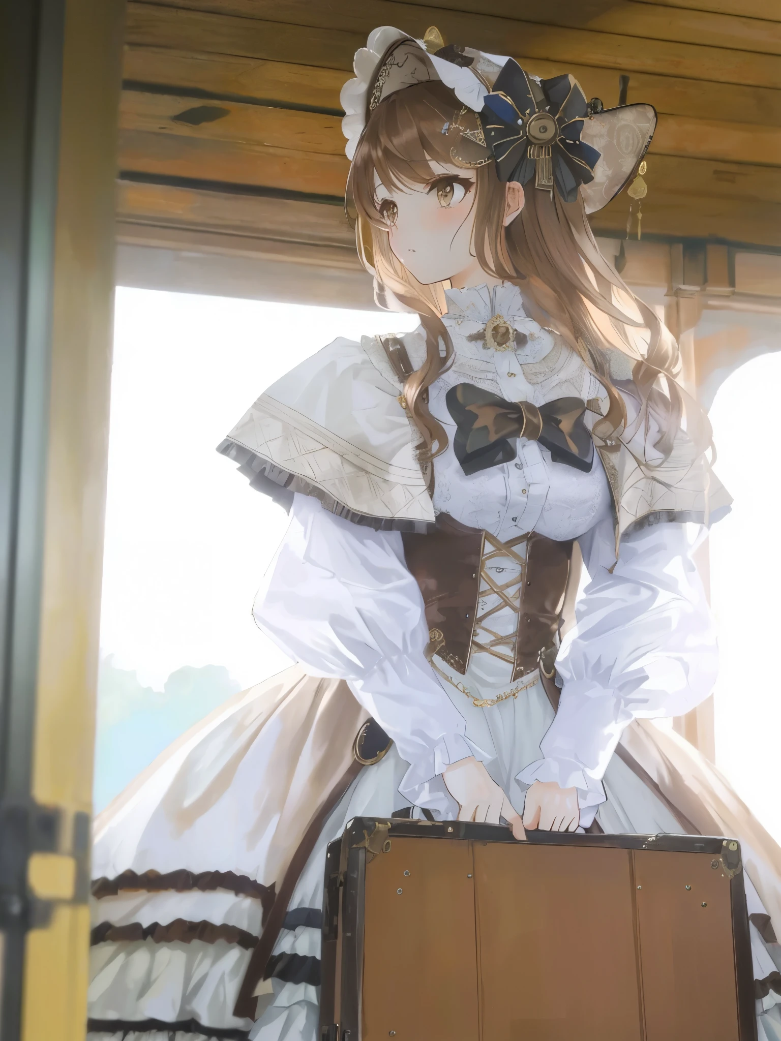 (brown long hair swept bangs:1.3), there is a woman in a dress and hat holding a suitcase, in detailed steampunk dress, victorian style costume, victorian gothic lolita fashion, wearing steampunk attire, steampunk beautiful anime woman, steampunk aesthetic, steampunk clothes, in victorian aristocrat, rococo cyberpunk, victorian dress, ( steampunk ), (steampunk), ornate cosplay, rococo dress, with victorian clothing, intricate victorian dress
