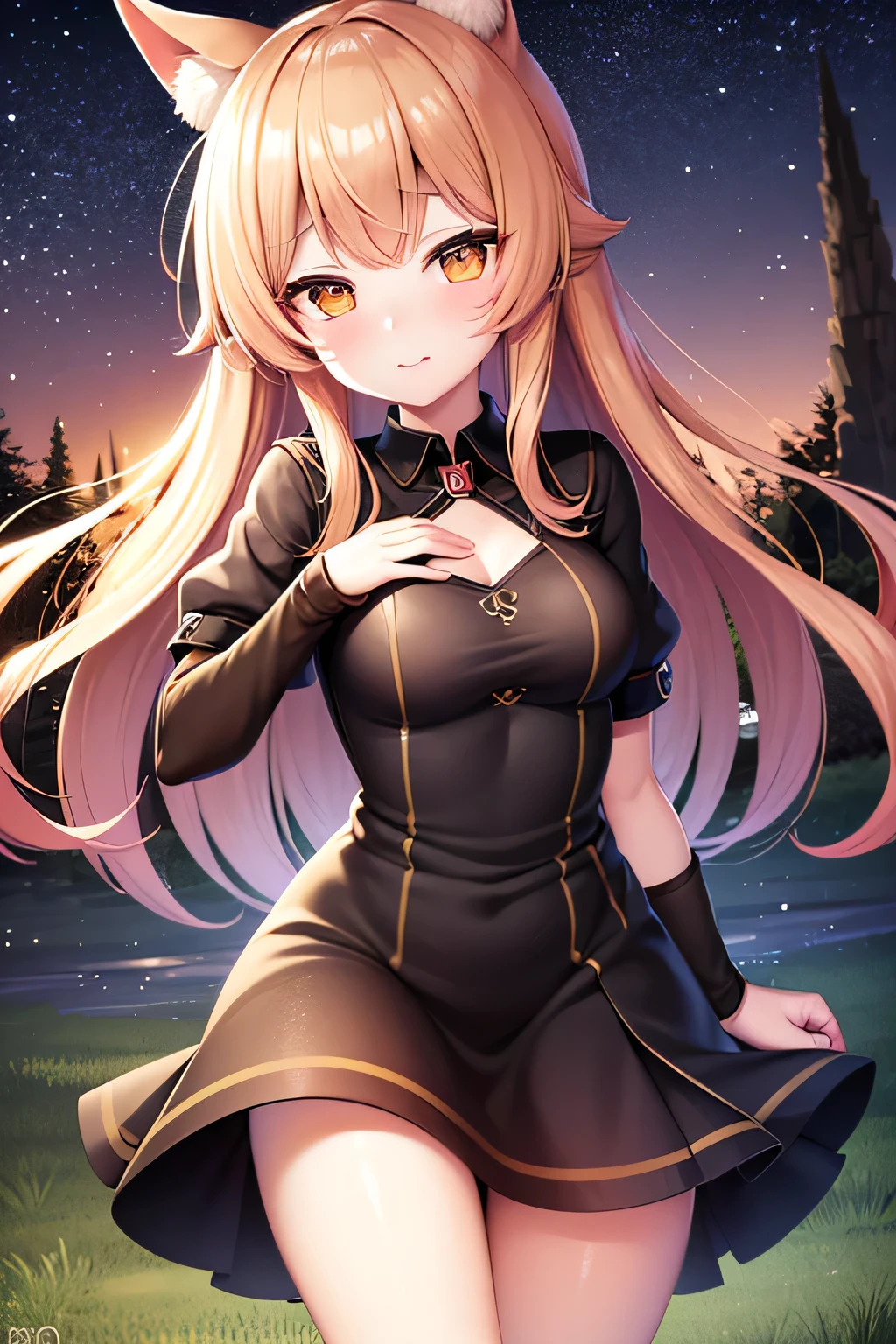 (Best Quality,4k,hight resolution,Masterpiece:1.2),Fox Girl,ear,On the Front Line,single girl,Bushes,the trees, Detailed girl, beatiful face, redhead hair, pretty eyes, very detailed eyes, Beautiful yellow eyes, Almost orange eye color, Very nice girl, The Starry Night, luna, Very beautiful moon, 4K Луна