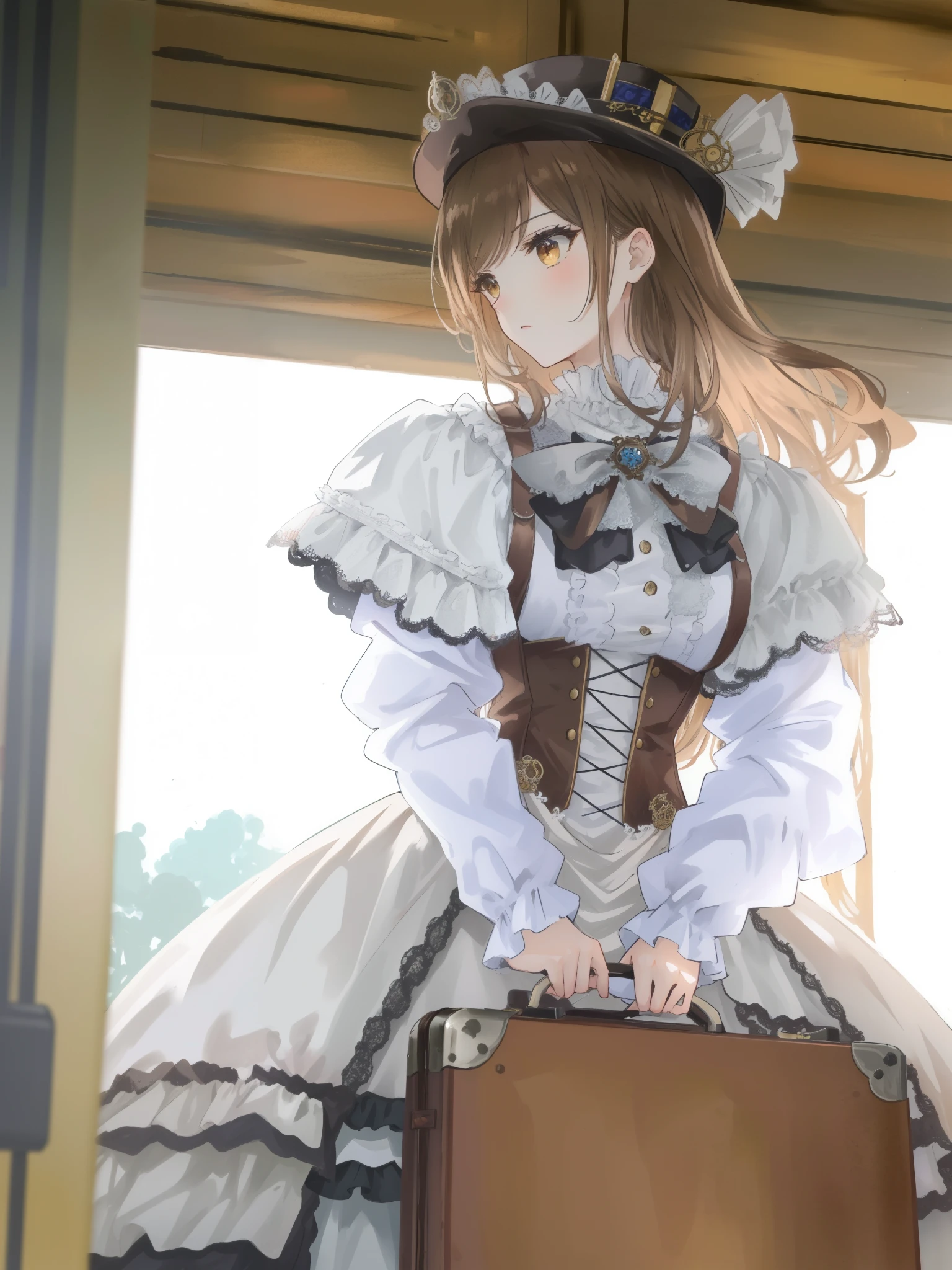 (brown long hair swept bangs:1.3), there is a woman in a dress and hat holding a suitcase, in detailed steampunk dress, victorian style costume, victorian gothic lolita fashion, wearing steampunk attire, steampunk beautiful anime woman, steampunk aesthetic, steampunk clothes, in victorian aristocrat, rococo cyberpunk, victorian dress, ( steampunk ), (steampunk), ornate cosplay, rococo dress, with victorian clothing, intricate victorian dress