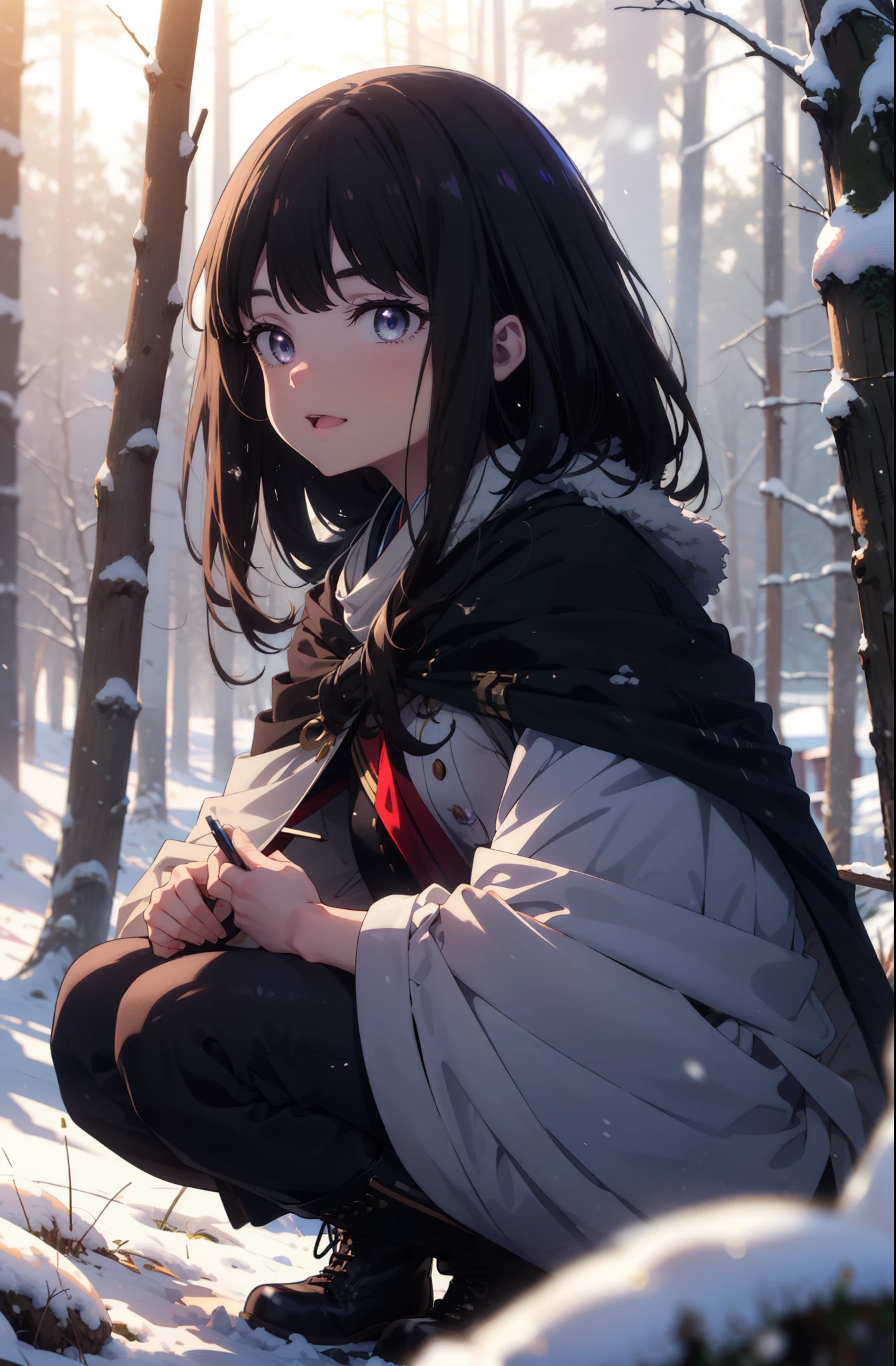 Takiuchi, Inoue Check, Long Hair, bangs, Black Hair, (Purple eyes:1.2),smile,
Open your mouth,snow,Bonfire, Outdoor, boots, snowing, From the side, wood, suitcase, Cape, Blurred, forest, nature, Squat, Cape, winter, Written boundary depth, Black shoes, blue Cape break looking at viewer, Upper Body, whole body, break Outdoor, forest, nature, break (masterpiece:1.2), highest quality, High resolution, unity 8k wallpaper, (shape:0.8), (Beautiful and beautiful eyes:1.6), Highly detailed face, Perfect lighting, Highly detailed CG, (Perfect hands, Perfect Anatomy),