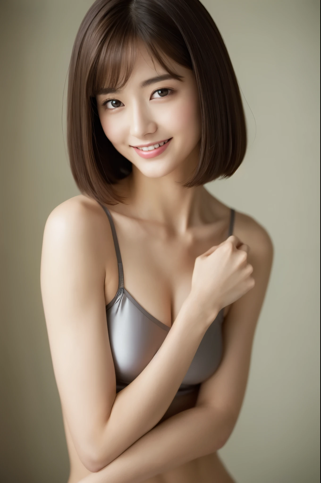 Beautiful 26 year old woman。She is wearing a tight satin camisole.。A kind smile。Her dark brown hair、Her hair is a short, straight bob.。High resolution、masterpiece、highest quality、頭w:1.3、((Hasselblad Photos))、Fine skin、Fine texture、Sharp focus、(Cinema lighting)、clavicle、nude