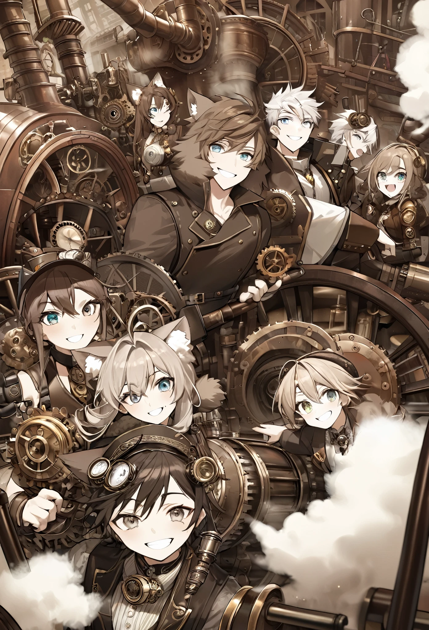 dynamic angle, top quality, best quality, High-quality illustrations, masterpiece, super high resolution, detailed background, detailed backgroundsteampunk, Steam engines, gear wheel, group shot:0.1, 6+boys, 6+girls, Happy, joyful, absurdres(highly detailed beautiful face and eyes)perfect anatomy(kemono, furry anthro),
