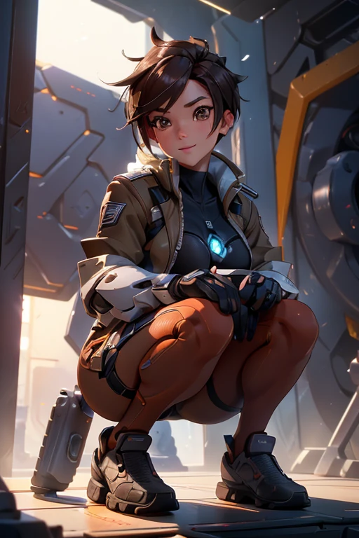 1girl, squatting pose, in a high tech aircraft hangar, tracerover, brown hair, spiked hair, short hair, jacket, bodysuit, ((detailed)), ((best quality)), ((masterpiece)), extremely detailed CG unity 8k wallpaper, 32k, focus sharp, photo of perfecteyes eyes, perfecteyes eyes, Masterpiece, raw, beautiful art, professional artist, 8k, very detailed face, very detailed hair, perfectly drawn body, beautiful face, very detailed eyes, smiling, rosey cheeks, intricate details in eyes, perfect fit body, beautiful body, extremely detailed, intricate details, highly detailed, sharp focus, detailed skin, realistic skin texture, texture, detailed eyes, high resolution, kodak vision color, foto_\(ultra\), post-processing, maximum detail, roughness, real life, ultra realistic, photorealism, photography, absurdres, RAW photo, highest quality, high detail RAW color photo, professional photo, extremely detailed UHD 8k wallpaper unit, best quality, highres, (masterpiece, top quality, high resolution:1.4), photo, cinematic, film grain, sharp, soft natural light, magic photography, super detailed, anatomically correct, perfect anatomy