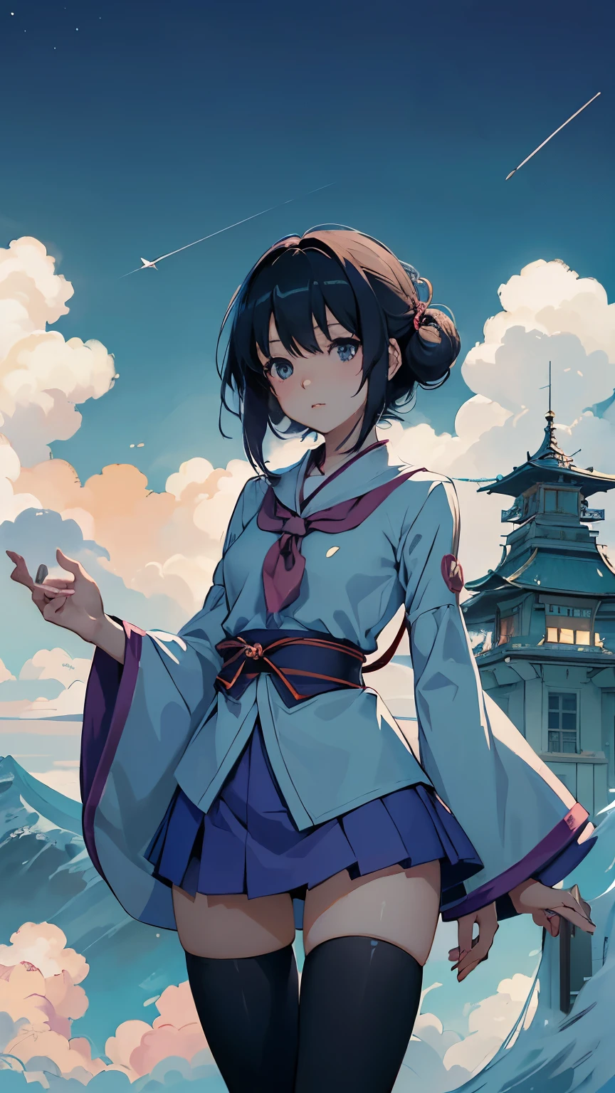 Keiko Takemiya, Yuu Watase, Yumi Igarashi, George Barbier, surreal wondrous strange Whimsical absurderes fanciful Sci-Fi Fantasy Japanese Anime, Mount Everest Spiral column sea of clouds Miniskirt schoolgirl a beauty girl In miniskirt, perfect voluminous body, detailed masterpiece high low angles perspectives