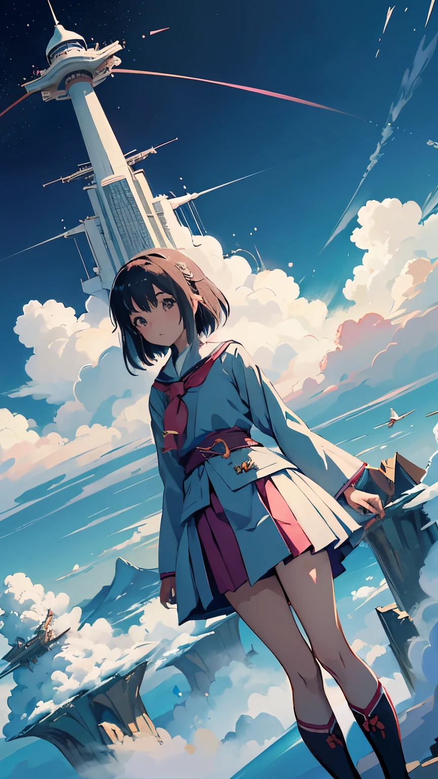 Keiko Takemiya, Yuu Watase, Yumi Igarashi, George Barbier, surreal wondrous strange Whimsical absurderes fanciful Sci-Fi Fantasy Japanese Anime, Mount Everest Spiral column sea of clouds Miniskirt schoolgirl a beauty girl In miniskirt, perfect voluminous body, detailed masterpiece high low angles perspectives