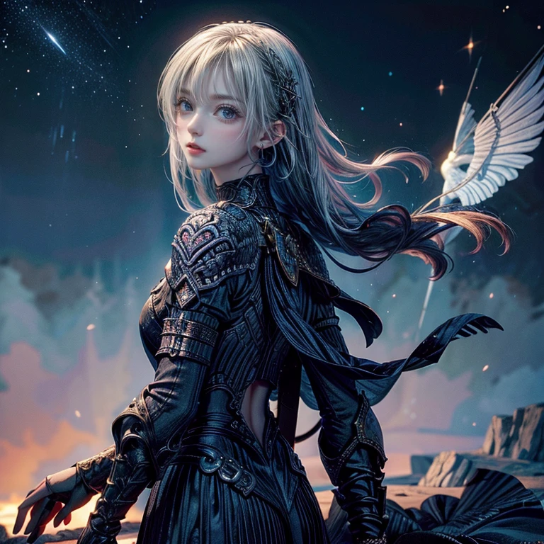 one girl, alone, 19 years old Baldur's Gate 3. bard, white clothes, soft clothes, costumes fluttering in the wind, unity 8k wallpaper, super detailed, beautiful and aesthetic, masterpiece, top quality, adventure, fantasy, grand, bold composition, glitter, lame, starry sky, short cut silver hair, beautiful blue eyes, high definition, diagonal side composition,