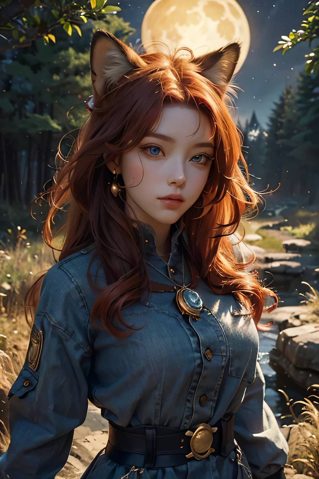 (Best Quality,4k,hight resolution,Masterpiece:1.2),Fox Girl,ear,On the Front Line,single girl,Bushes,the trees, Detailed girl, beatiful face, redhead hair, pretty eyes, very detailed eyes, Beautiful yellow eyes, Almost orange eye color, Very nice girl, The Starry Night, luna, Very beautiful moon, 4K Луна