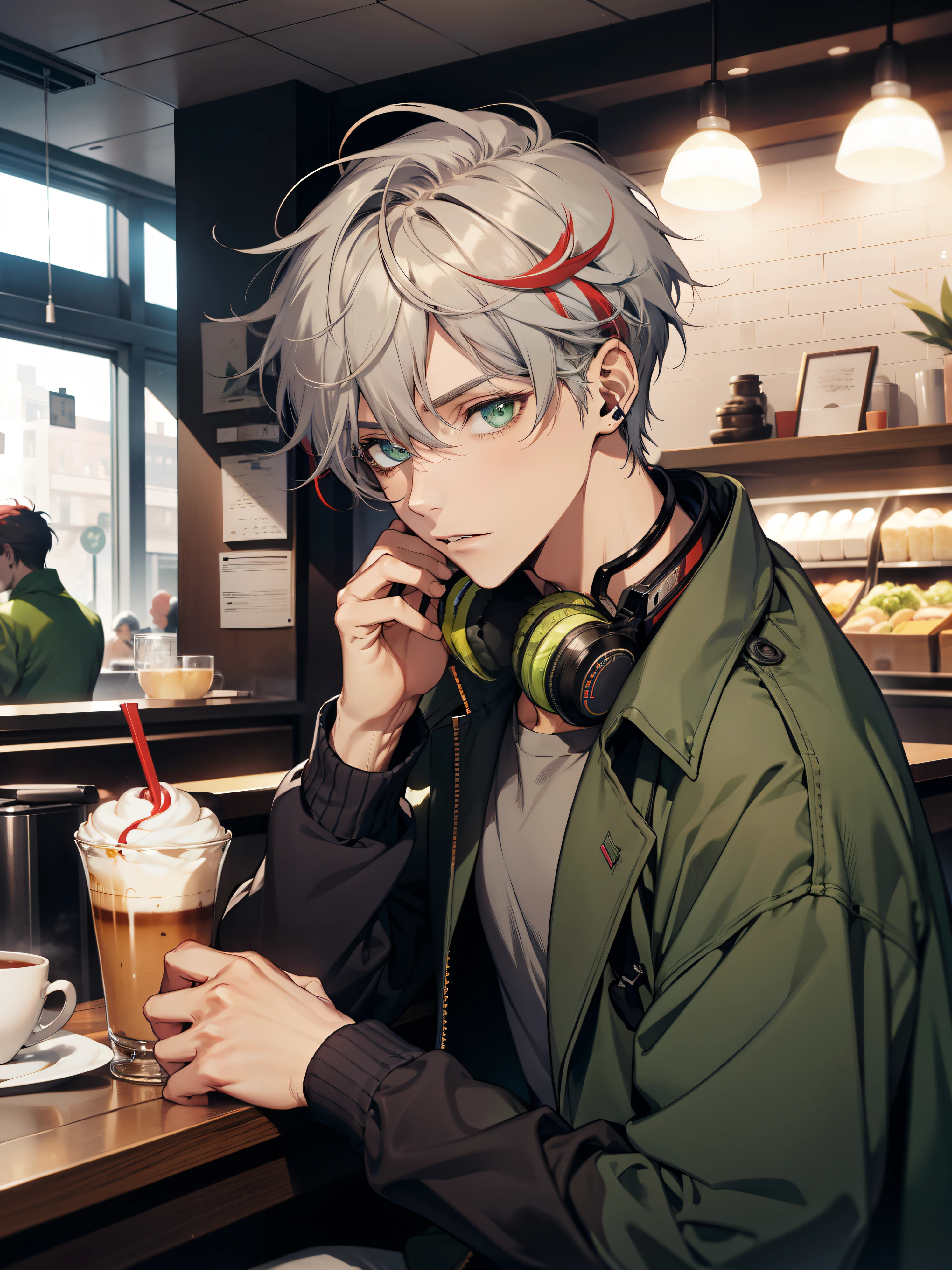 Male, solo, attractive, casual clothes, blue coat, green eyes, (peridot eyes), straight facial, short Length hair , gray hair with red streaks at hair tips, earphone, headphone, café, cafeteria