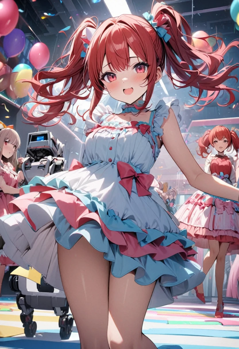 High quality, high definition, hig
h precision images,8k three girls、red hair,Twin tails,Red eyes.(robot style red and white pampering face barrette)、cute colorful party room、She is wearing a cute frilly party dress.