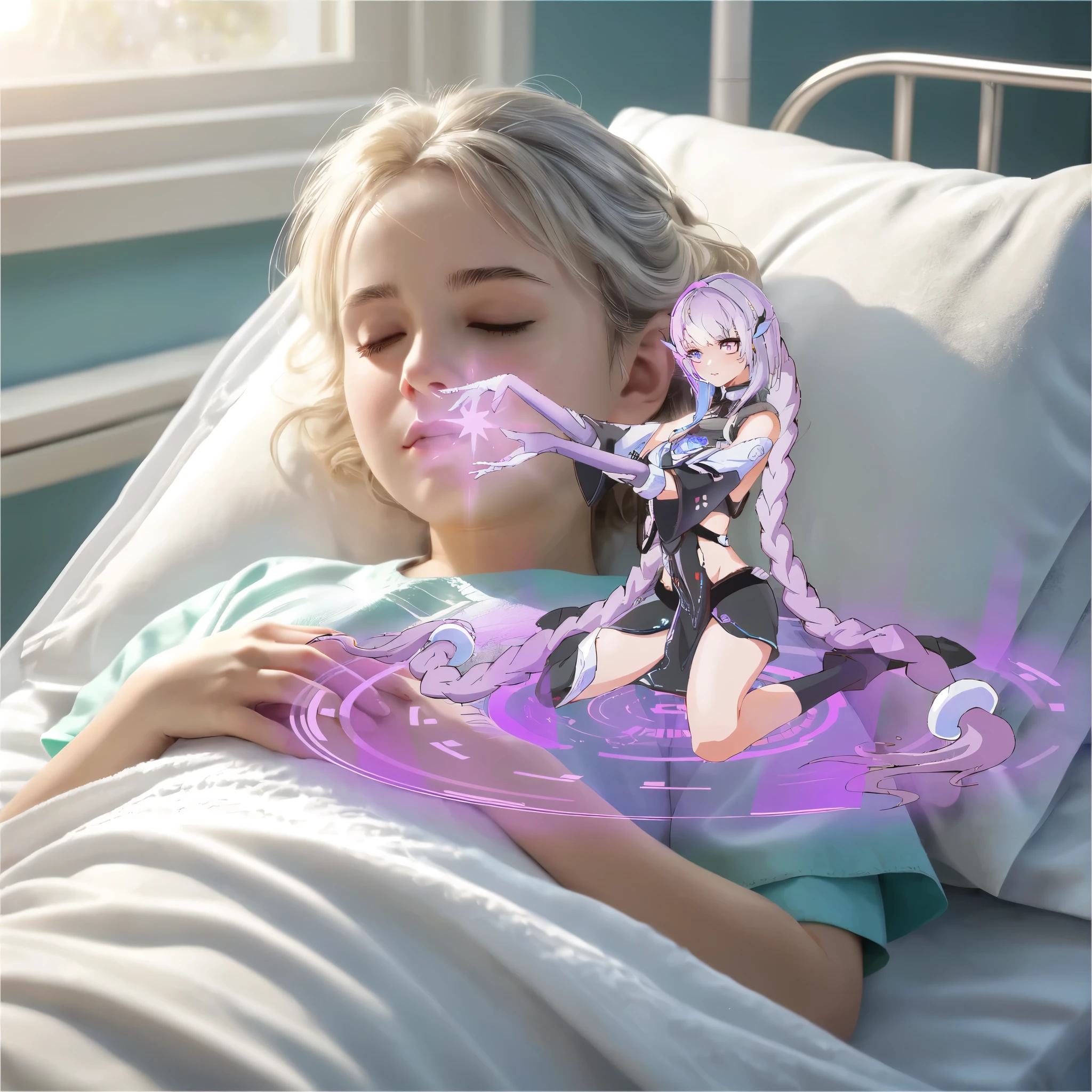 The blonde girl was lying on the bed,Bathed in purple light, Glowing Lens Flare Ghost Girl, Artwork in the style of Guweiz, Smooth anime CG art, Night Core, Today's selection of animation stills, 8k high quality detailed art, Epic 8K HD Anime Shots, Anime style 3d, Popular on cgstation, official art works,