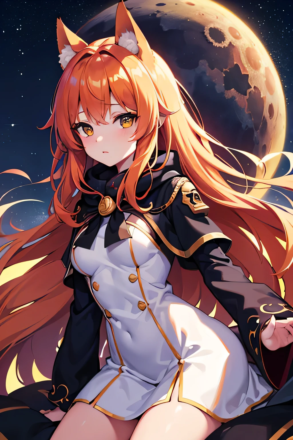 (Best Quality,4k,hight resolution,Masterpiece:1.2),Fox Girl,ear,On the Front Line,single girl,Bushes,the trees, Detailed girl, beatiful face, redhead hair, pretty eyes, very detailed eyes, Beautiful yellow eyes, Almost orange eye color, Very nice girl, The Starry Night, luna, Very beautiful moon, 4K Луна