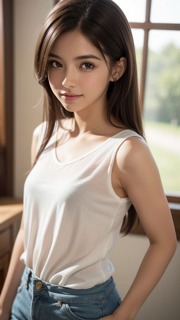 ((Obra maestra, mejor calidad, high resolution, HD, pixel perfect, profundidad de campo, 4k, RTX, hdr))), 1 chica, soltero, solo, hermosa chica anime, Beautiful artistic style, en mini ropa interior, personaje animado, ((pelo largo, golpes, By the chestnut, Pelo RIZADO:0.8)), ((ojos verdes:1.4, ojos redondos, beautiful eyelashes, ojos realistas)), ((cara detallada, rubor:1.2)), ((textura suave:0.75, textura realista:0.65, fotorrealista:1.1, estilo anime generado por computadora)), pechos medianos, dynamic angle, cuerpo perfecto, ((retrato, Punto de vista)), ((mini ropa interior blanca)), sonrisa, parque de atracciones