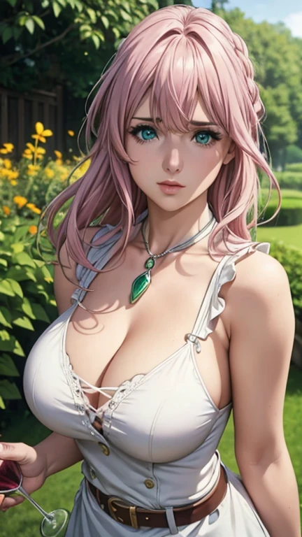 Large breasts, Cute girl, holding a wine glass,1 year old boy, big sized breast, white belt on her neck, shiny skin, open neckline, white apron, sleeveless, cleavages, ultra realistic eyes , garden outside, pink cooler hair, bright green eyes, ultra realistic detailed eyes, innocent eyes, looking at camera, long hair,
