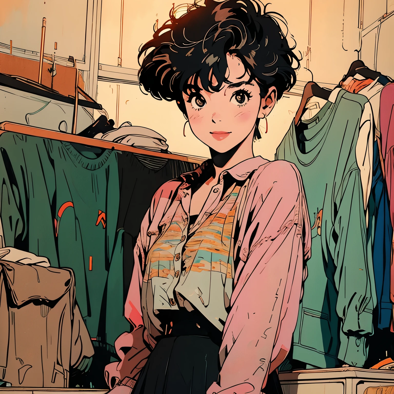 whole body, Upper Body, Have an iPhone , Messy room, Apartments, 1 girl, 4k, Warm colors , Short Hair , skirt, blouse , smile