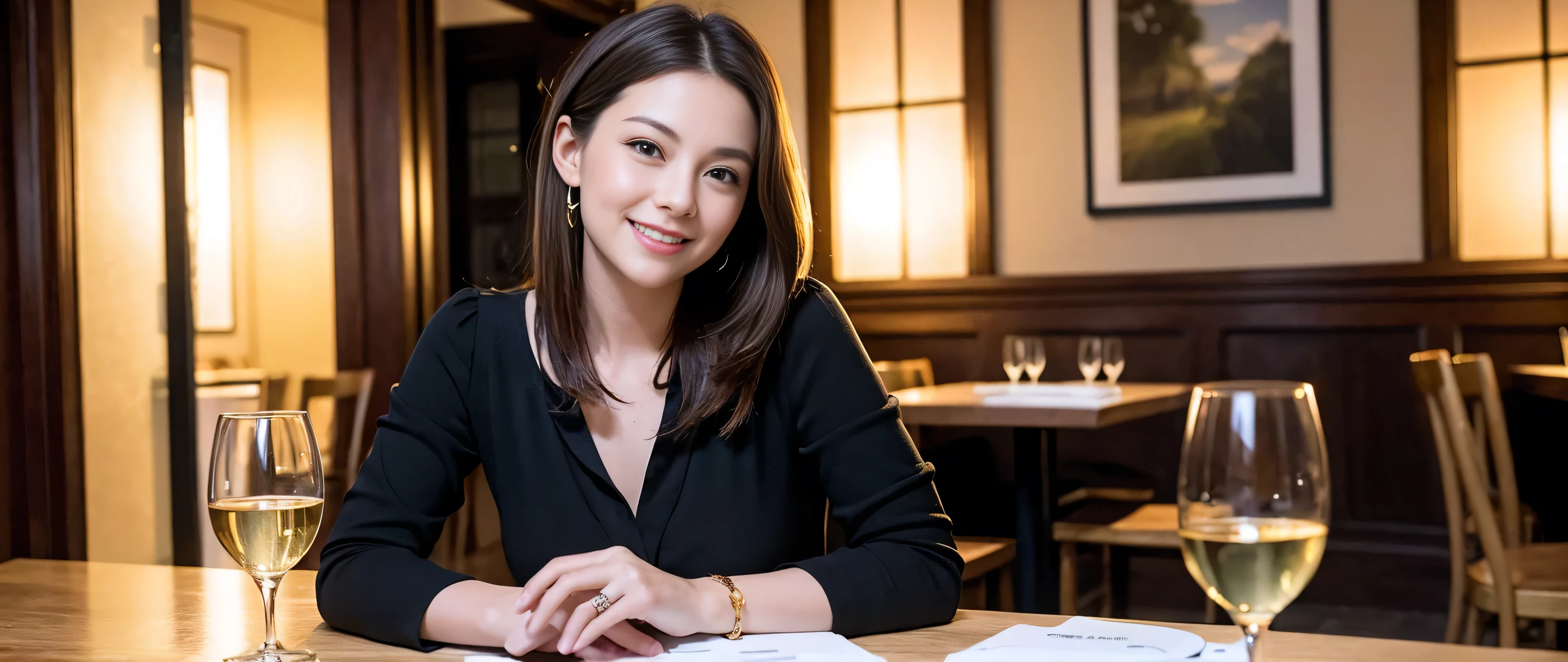 ((highest quality、8k、masterpiece:1.3))、Two beautiful women、Slim body、((Bob Hale、Straight hair:1.2))、(to be born, highest quality, masterpiece:1.5), (Realistic, Intricate details:1.2), Ultra-high resolution, Wine glass on the table、Facial lighting、Amazing view of the sunset sky and clouds、Amazing mountain views、A bright smile、A lovely woman with a smile、Bright image、The beauty of wine, Beautiful Face, blue eyes, The light shines on your face, Blushing, short hair,Bright Face、 (36 years old), 39 years old, Lady、red wine 、Appetizers、Italian food、Wine bottle、Champagne、sparkling wine、Two beauties、Brown Hair、Shortcuts、Long sleeve shirt、dress、Pretty Woman 1, (Slim face), (The body is slim), (Brown Hair), (Shortcuts), cheeks turn a little red,Attractive beauty、, Out of the window, A beautiful and detailed night view unfolds.........., restaurant, In a prominent place (From the waist up) Nova Frog Style, actress, model, Upper Body, White wine, slim, wine glass, A wine glass placed in the middle, smile, (smile: 1.15), Beautiful fine grain, Depth f/2,saturation, High Contrast, Strong light and shadow,Moist Body:1.5、3D texture、Delicate eyes、Brown Hair、The hair is very shiny、