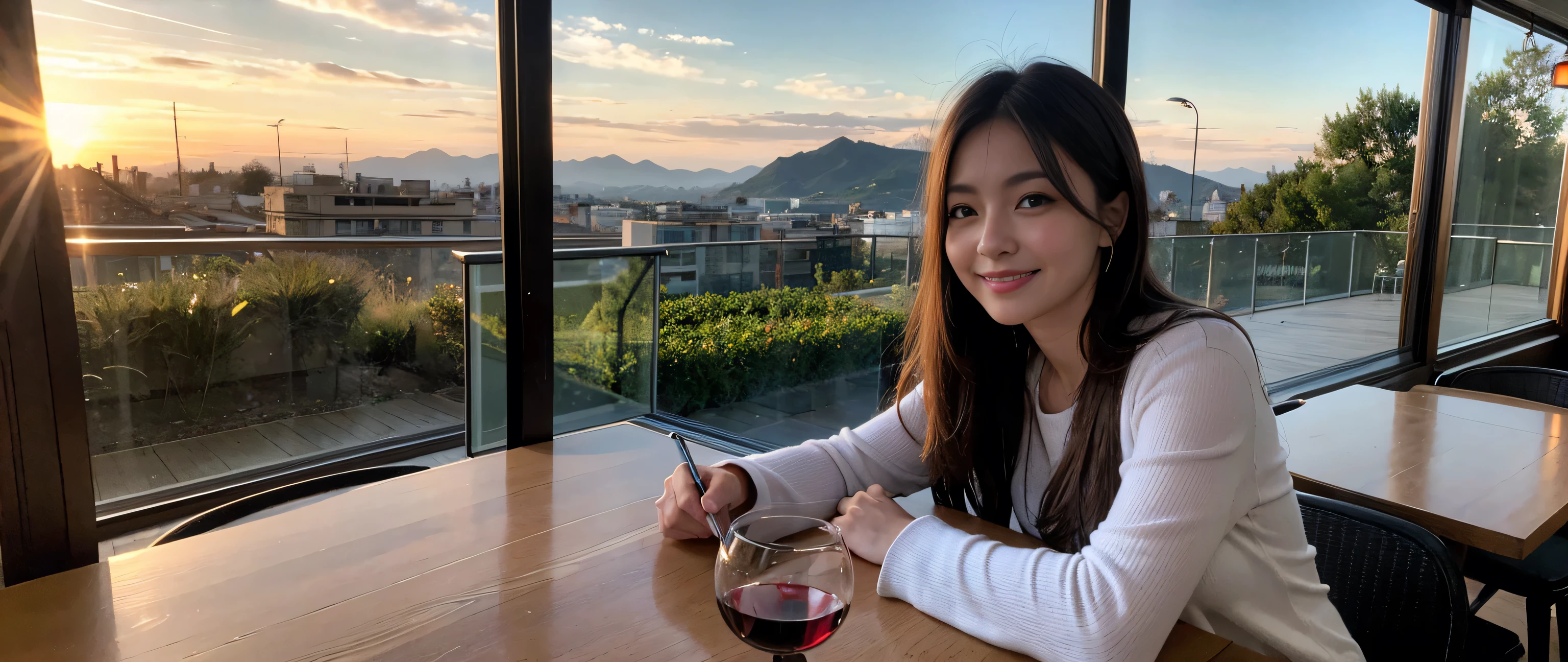 ((highest quality、8k、masterpiece:1.3))、Two beautiful women、Slim body、((Bob Hale、Straight hair:1.2))、(to be born, highest quality, masterpiece:1.5), (Realistic, Intricate details:1.2), Ultra-high resolution, Wine glass on the table、Facial lighting、Amazing view of the sunset sky and clouds、Amazing mountain views、A bright smile、A lovely woman with a smile、Bright image、The beauty of wine, Beautiful Face, blue eyes, The light shines on your face, Blushing, short hair,Bright Face、 (36 years old), 39 years old, Lady、red wine 、Appetizers、Italian food、Wine bottle、Champagne、sparkling wine、Two beauties、Brown Hair、Shortcuts、Long sleeve shirt、dress、Pretty Woman 1, (Slim face), (The body is slim), (Brown Hair), (Shortcuts), cheeks turn a little red,Attractive beauty、, Out of the window, A beautiful and detailed night view unfolds.........., restaurant, In a prominent place (From the waist up) Nova Frog Style, actress, model, Upper Body, White wine, slim, wine glass, A wine glass placed in the middle, smile, (smile: 1.15), Beautiful fine grain, Depth f/2,saturation, High Contrast, Strong light and shadow,Moist Body:1.5、3D texture、Delicate eyes、Brown Hair、The hair is very shiny、