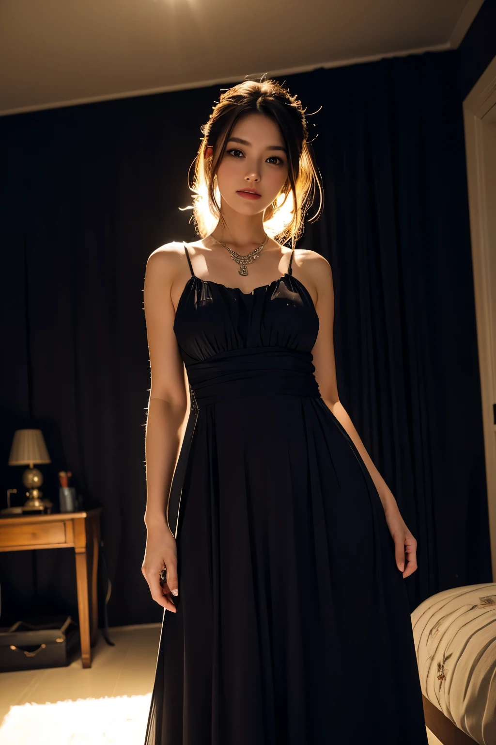 Model and background intact, Beautiful woman wearing a dress in a dark, narrow room, Background with colorful lights reflecting, model pose,