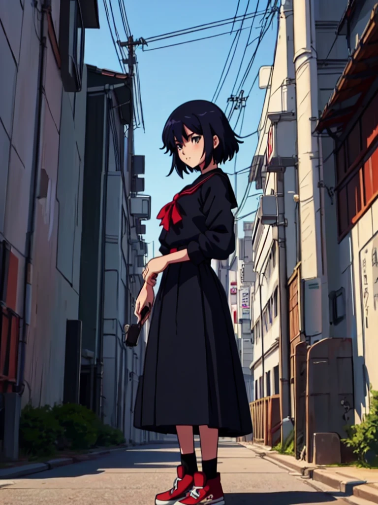 (perfect composition),anime character Sukeban delinquent girl  standing on a city street corner in black seifuku with black very long skirt, anime style. 8k, anime style mixed with fujifilm, retro anime girl, anime styled digital art, in tokyo, anime style illustration, anime style 4 k, anime style artwork, anime poster film still portrait, tokyo anime scene, modern anime style, anime style digital art, short hair, 26year old, red converse,