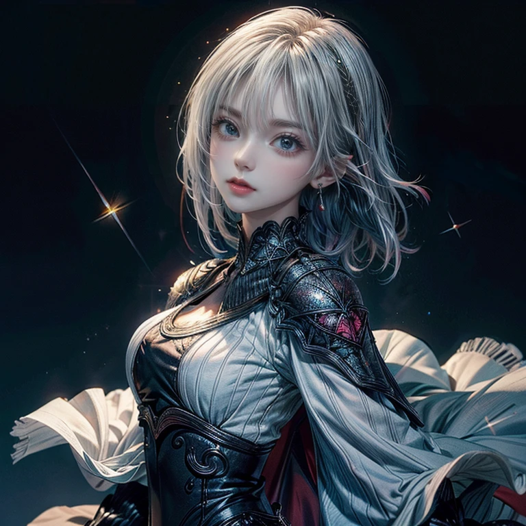 one girl, alone, 19 years old, bard, official art, white clothes, soft clothes, costumes fluttering in the wind, unity 8k wallpaper, super detailed, beautiful and aesthetic, masterpiece, top quality, adventure, fantasy, grand, bold composition, glitter, lame, starry sky, short cut silver hair, beautiful blue eyes, high definition, diagonal side composition,