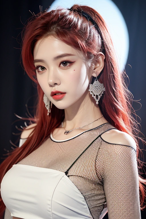 (very detailed body、very detailed face、Best quality:1.2)、FEMALES、I look at the audience、((Wine red gradient hair color、Bright silver shoulder-length earrings.、necklace、bracelet、Clothes with strong blue contrast, White and black、Asymmetrical clothing、Одежда Fusion Show Fantastico)、k-pop clothes, crystals, cool makeup bright, large voluminous sleeves lanterns, mesh, photo shoot for a magazine