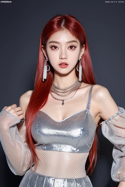 (very detailed body、very detailed face、Best quality:1.2)、FEMALES、I look at the audience、((Wine red gradient hair color、Bright silver shoulder-length earrings.、necklace、bracelet、Clothes with strong blue contrast, White and black、Asymmetrical clothing、Одежда Fusion Show Fantastico)、k-pop clothes, crystals, cool makeup bright, large voluminous sleeves lanterns, mesh, photo shoot for a magazine