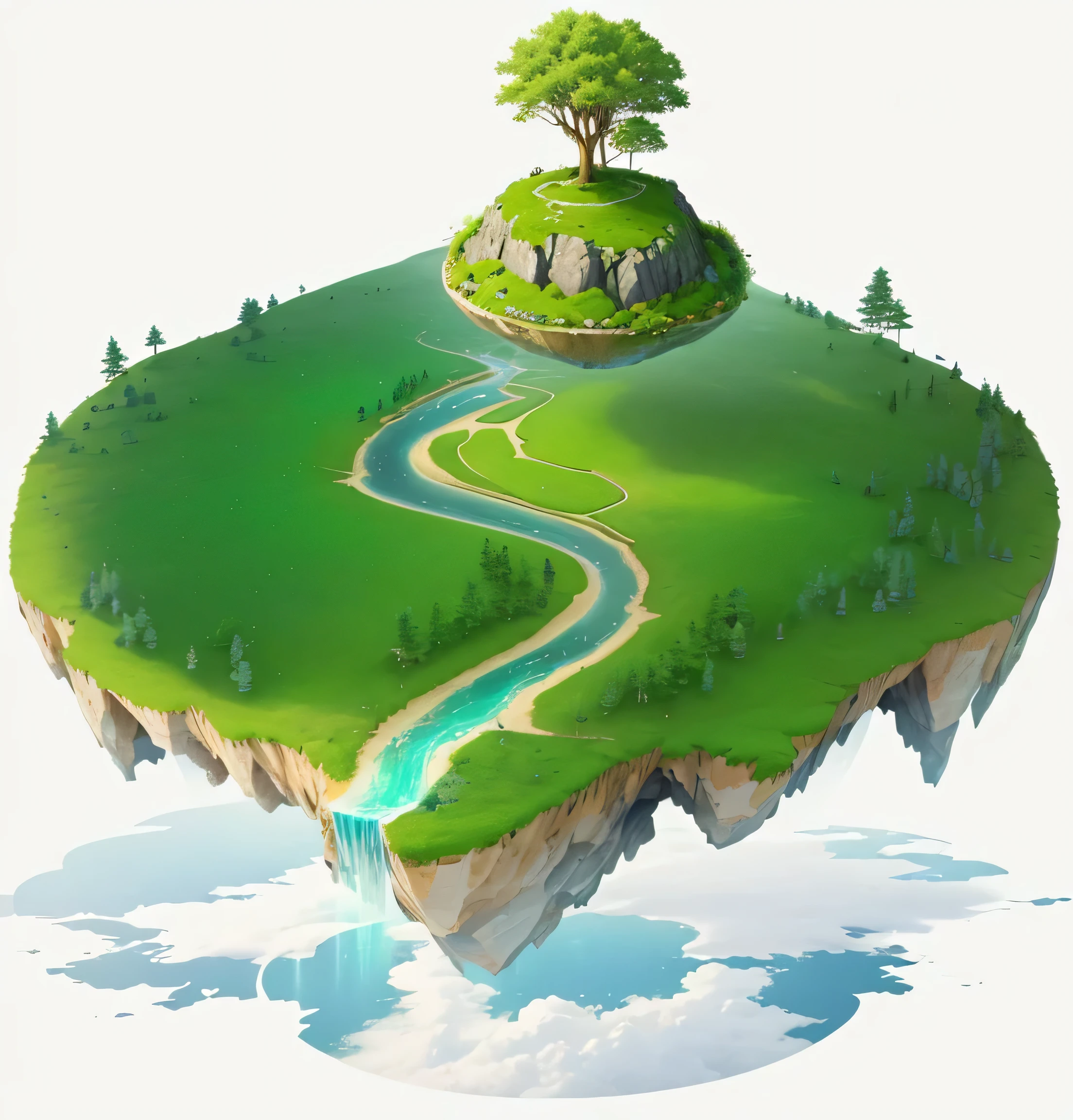 An island in the sky, flying islands, Island Background, floating and flying islands, Floating island,,2D style, Made of trees, Floating island,Top view,There is a grassland,The grass is huge,More trees,Lots of trees,Tree on the island,Brown Rock,There are many trees on the edge of the island,Trees surrounding the island,There are no rivers,no water,Remove the river