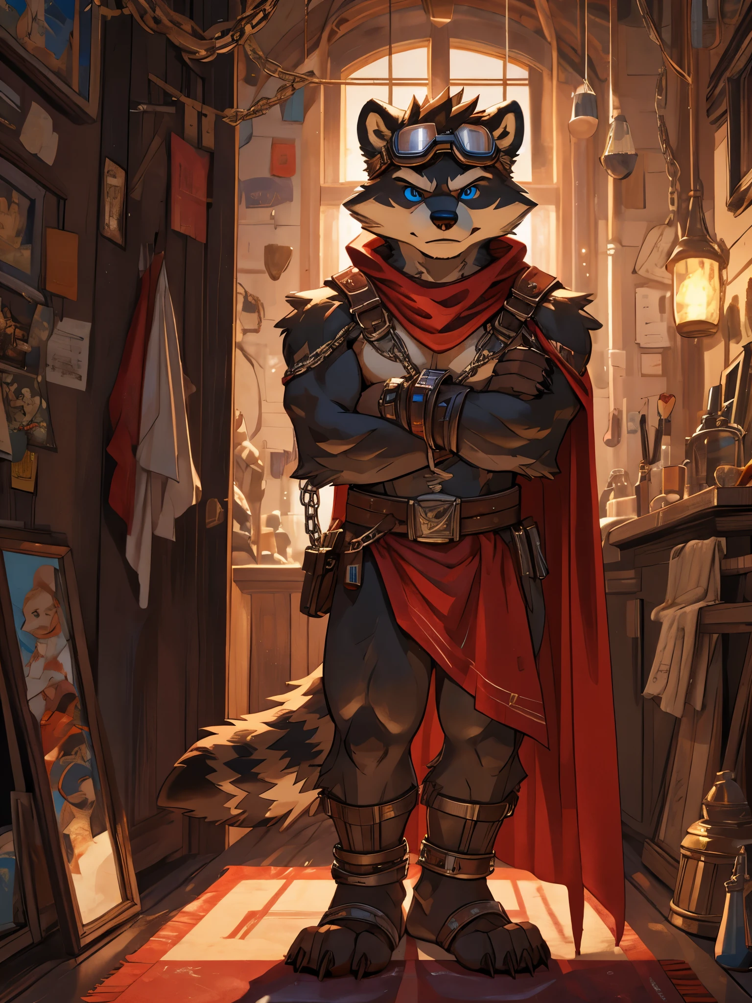 teen Furry, furry, teenager, raccoon, spiked brown hair only on head, red scarf, blue eyes, goggles, chain harness, red loincloth, red cape, masterpiece, detail body, detailed eyes, fur all over body, detailed face, detailed eyes, detailed hands, Skinny, claws, high resolution, metal cuffs on wrists, metal cuffs on ankles, no shirt, no underwear, stern, arms crossed, no smile