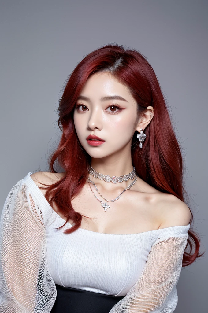 (very detailed body、very detailed face、Best quality:1.2)、FEMALES、I look at the audience、((Wine red gradient hair color、Bright silver shoulder-length earrings.、necklace、bracelet、Clothes with strong blue contrast, White and black、Asymmetrical clothing、Одежда Fusion Show Fantastico)、k-pop clothes, crystals, cool makeup bright, large voluminous sleeves lanterns, mesh, photo shoot for a magazine