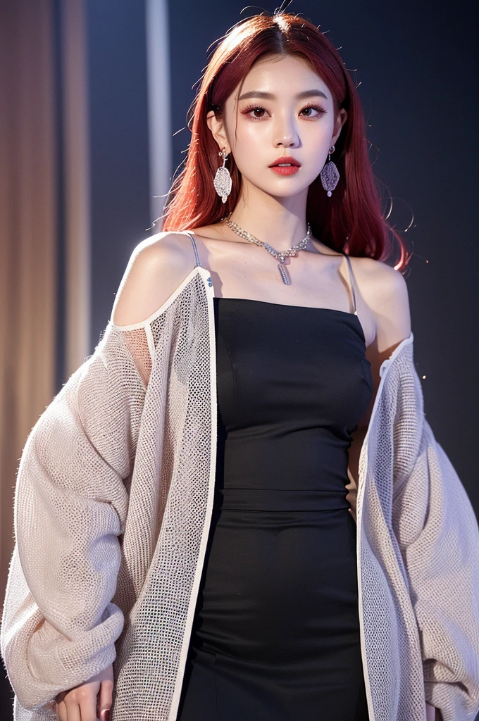 (very detailed body、very detailed face、Best quality:1.2)、FEMALES、I look at the audience、((Wine red gradient hair color、Bright silver shoulder-length earrings.、necklace、bracelet、Clothes with strong blue contrast, White and black、Asymmetrical clothing、Одежда Fusion Show Fantastico)、k-pop clothes, crystals, cool makeup bright, large voluminous sleeves lanterns, mesh, photo shoot for a magazine