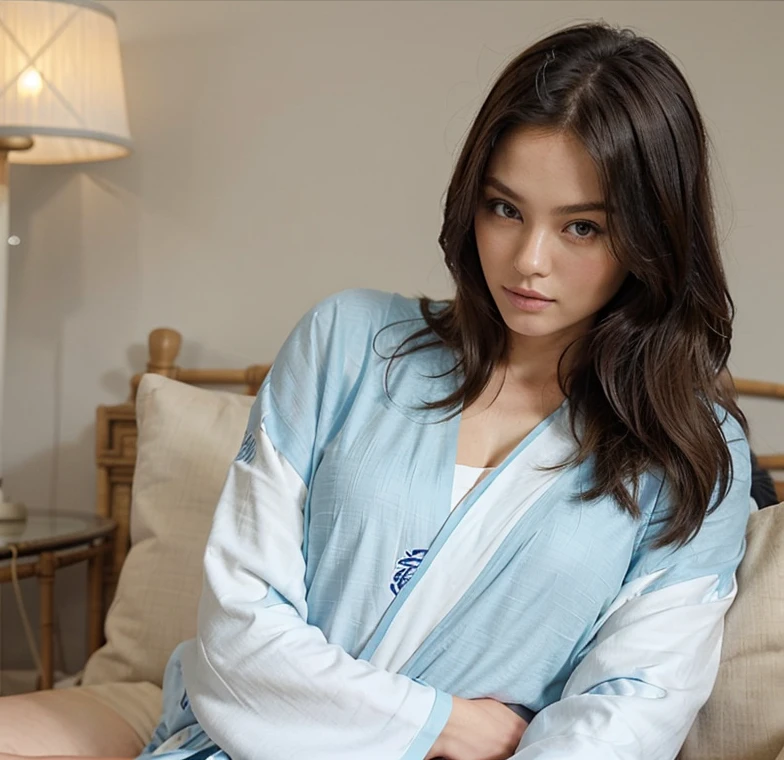 Female supermodel. Blue Kimono. Bamboo. White floor cushions. Soft lighting. Living room. Close-up.