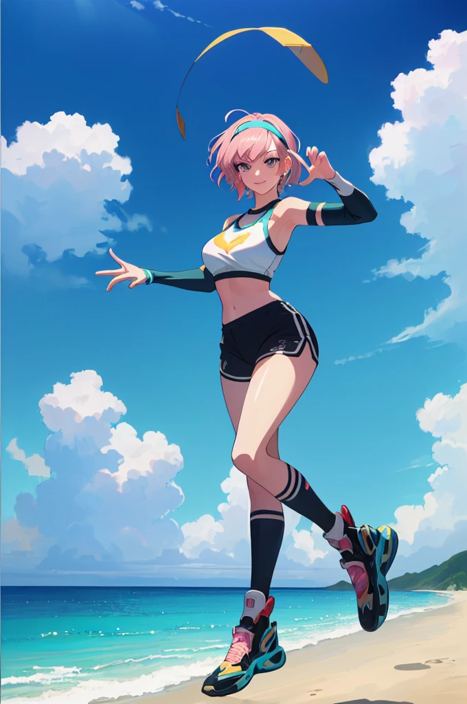 safe for work,(perfect composition),imagined a girl in extreme sport outfit playing to a flying disc game in a beach arena game sport, masterpiece, ultra-detailed, 80's anime (style), 2D, megapixel, perfectionism, full HD , 4K, (windjammers), windjammers sport game, windjammers 2 (((((solo mature anime woman,)))))++++++++++++++++++, looking at viewer, full body, brown hair and pink hair, short hair, weird hair, smile, lips, eyelashes, medium breasts, gym uniform, uniform, gym shorts, headband, sports bra, elbow pad, knee pad, extreme sports outfit 80's theme, beach background, playing flying disc game on a beach court game, sea, sun in the sky, sports wear