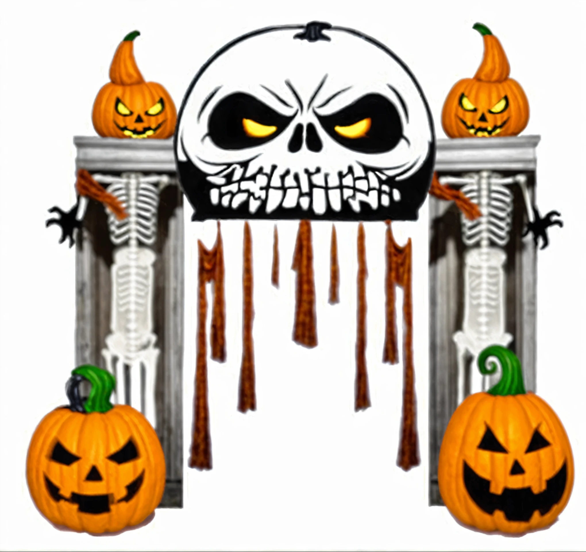 a picture of a halloween scene with a skeleton and pumpkins, halloween theme, halloween, haunted house themed, halloween celebration, beistle halloween decor, halloween scene, halloween art style, spooky halloween theme, halloween decorations, creepy themed, grim, halloween atmosphere, spooky halloween fun, horror, horror themed, trick or treat, scary, halloween night, amazing, edited