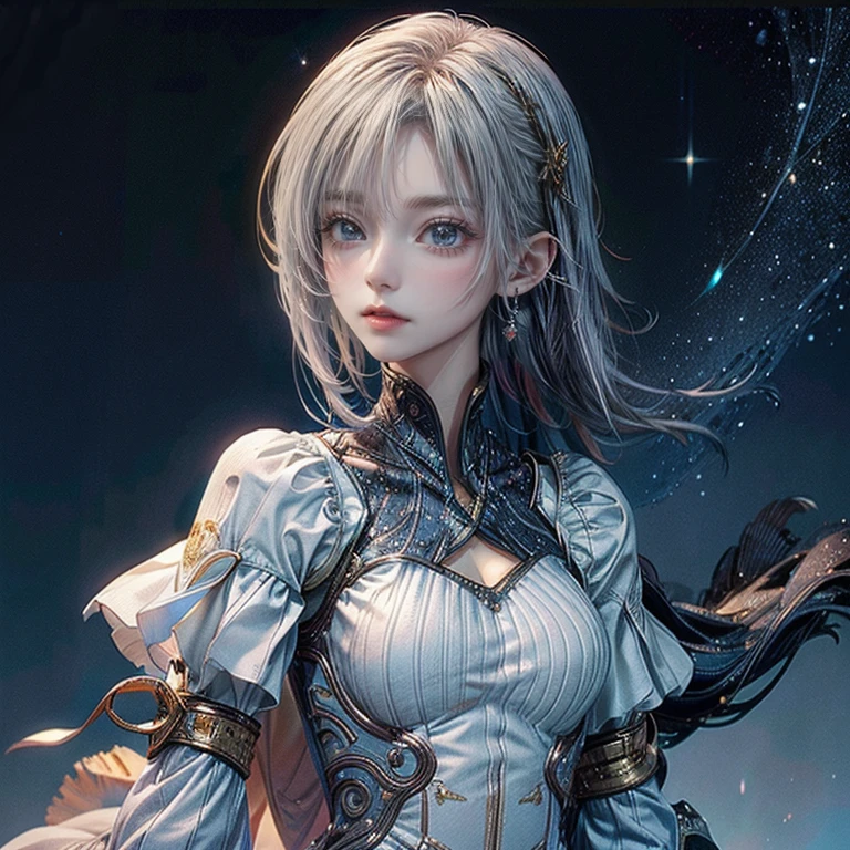 one girl, alone, 19 years old, bard, official art, white clothes, soft clothes, costumes fluttering in the wind, unity 8k wallpaper, super detailed, beautiful and aesthetic, masterpiece, top quality, grand, bold composition, glitter, lame, starry sky, short cut silver hair, beautiful blue eyes, high definition, diagonal side composition,