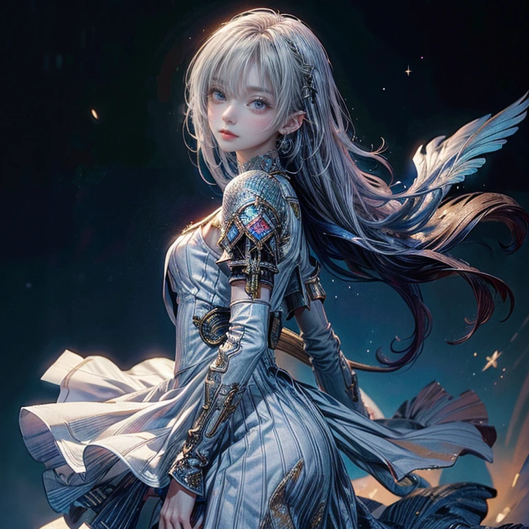 one girl, alone, 19 years old, bard, official art, white clothes, soft clothes, costumes fluttering in the wind, unity 8k wallpaper, super detailed, beautiful and aesthetic, masterpiece, top quality, grand, bold composition, glitter, lame, starry sky, short cut silver hair, beautiful blue eyes, high definition, diagonal side composition,