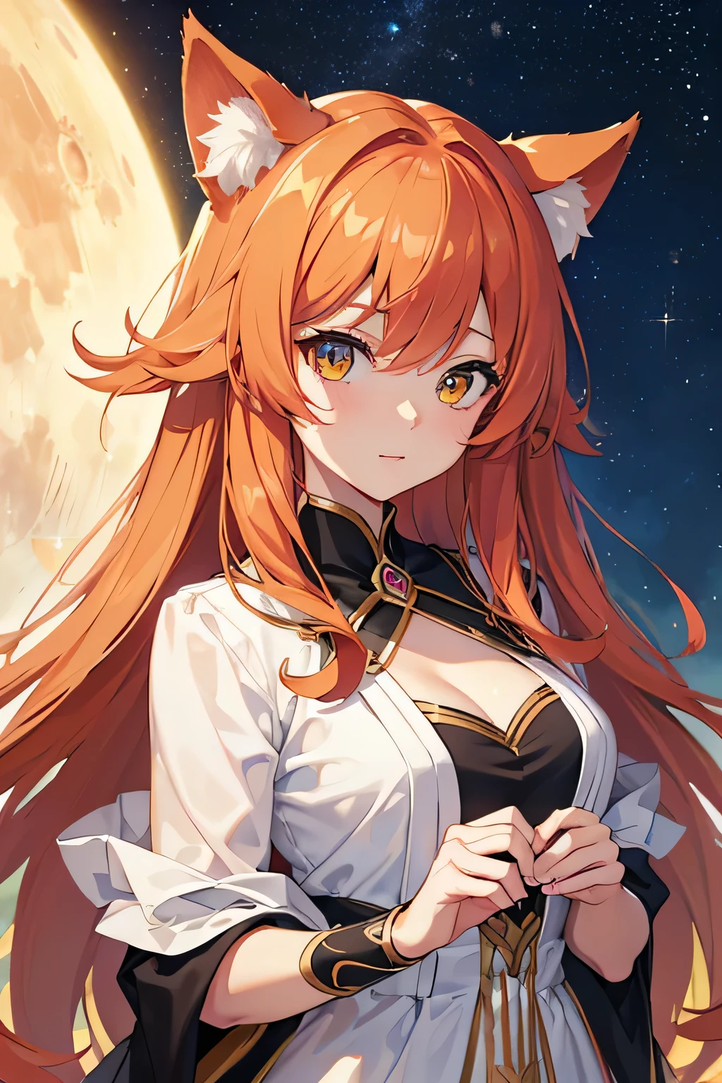 (Best Quality,4k,hight resolution,Masterpiece:1.2),Fox Girl,ear,On the Front Line,single girl,Bushes,the trees, Detailed girl, beatiful face, redhead hair, pretty eyes, very detailed eyes, Beautiful yellow eyes, Almost orange eye color, Very nice girl, The Starry Night, luna, Very beautiful moon, 4K Луна