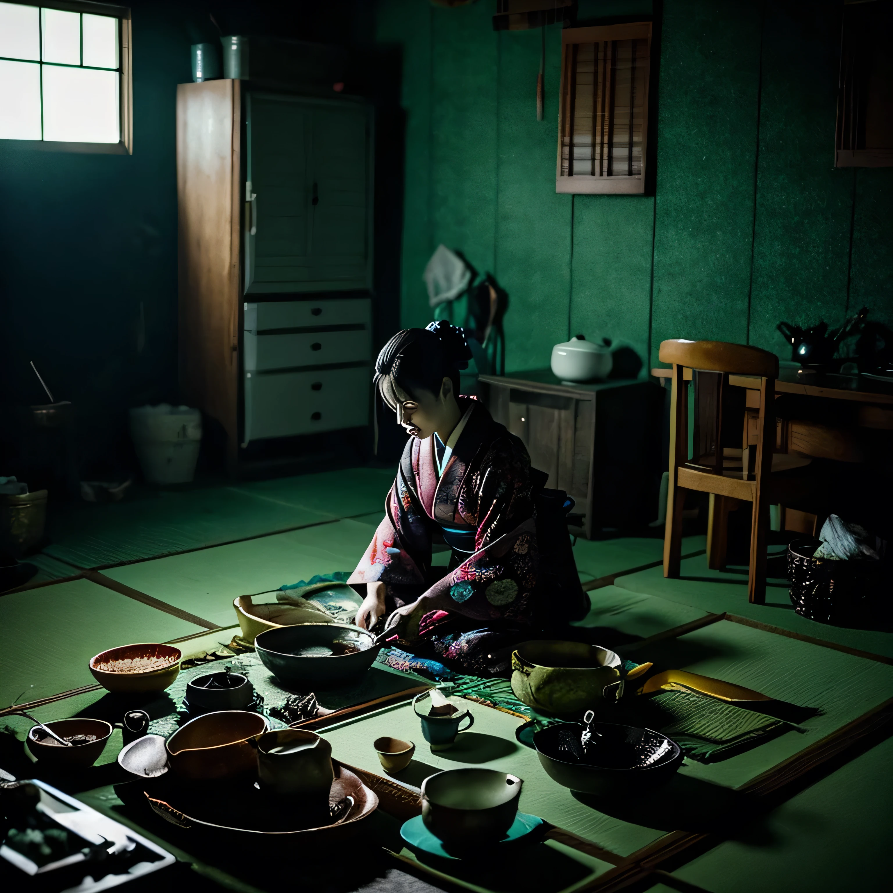 kimono, servant, woman, tired, horror styled, pile of used dishes, counting dishes, in the dark 